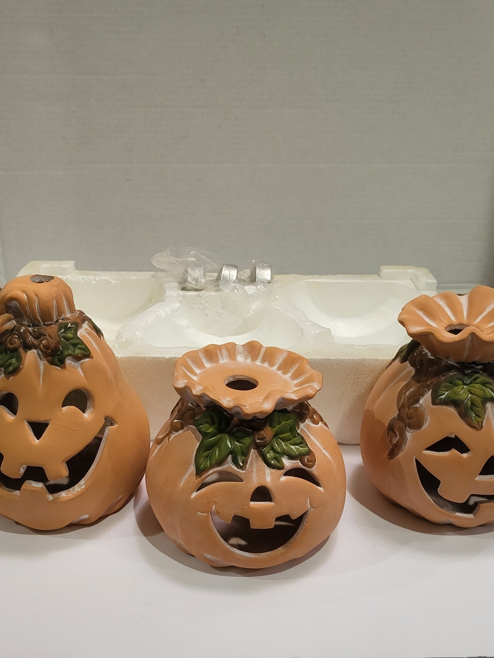 Adorable Terracotta Pumpkin Candle Holders Set Of 3 Table Decor Halloween